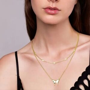 Elegant MOISSANITE 14k Gold Over Sterling Silver Butterfly 2 Layer Necklace Set